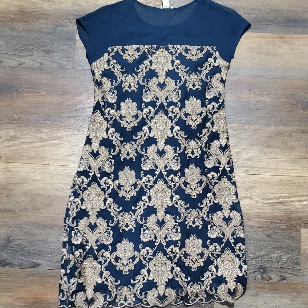 Sundance Teal and Gold Embroidered Sheath Dress with Cap Sleeves for Weddings